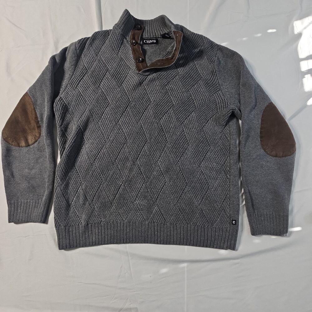 Chaps Mens Gray Pullover Sweater Mock Neck Faux Suede Trim Large